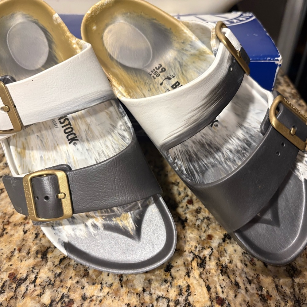 Birkenstock Two-Tone Sandals - Gold, Gray and White